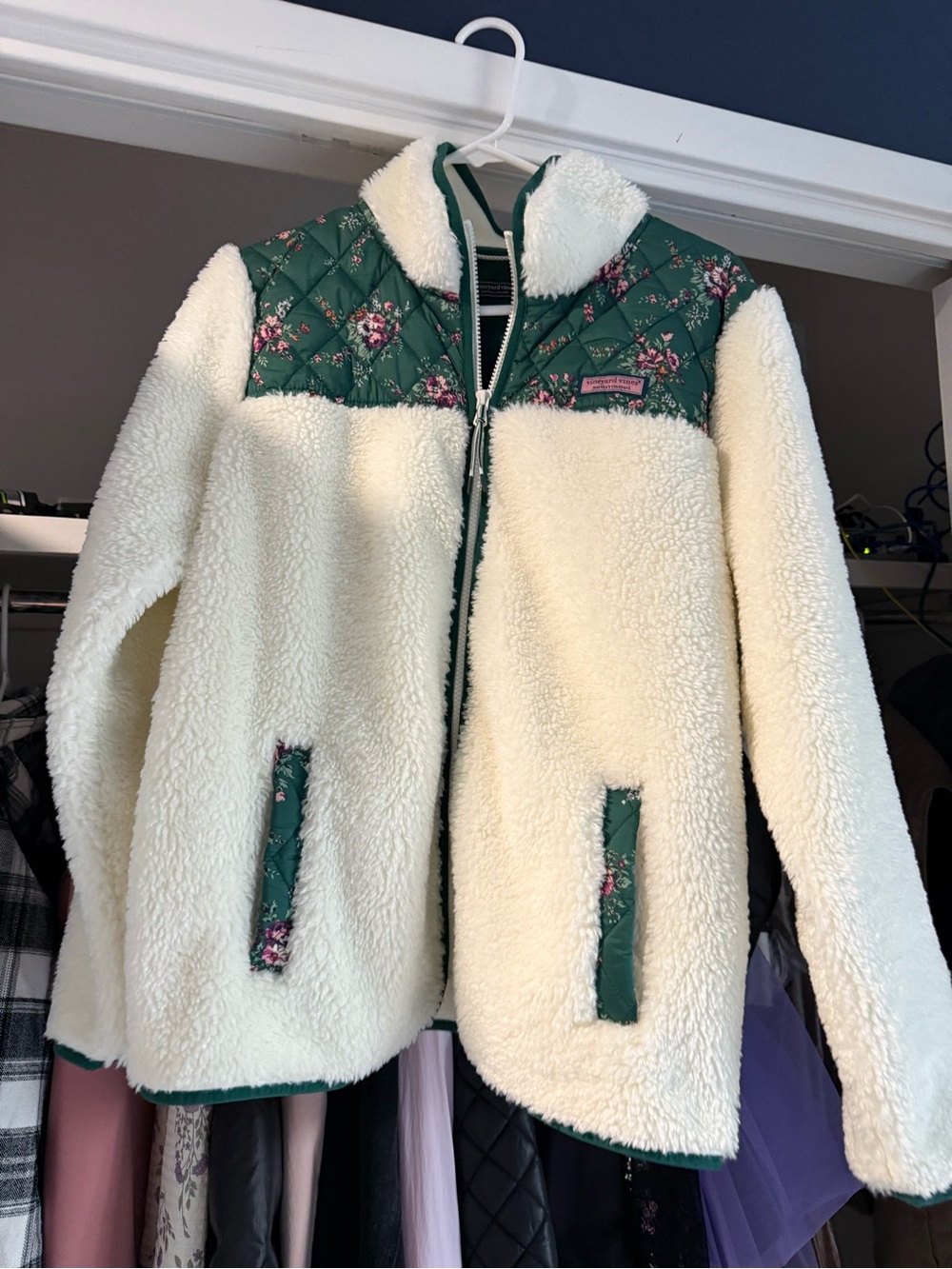 Vineyard vines Cream Sherpa Jacket with Green Floral Quilted Yoke